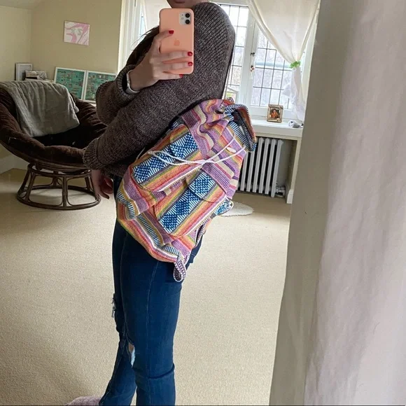 Multicolor Woven Baja-Style Backpack with Drawstring, Shell Accent & Pockets - Picture 7 of 8